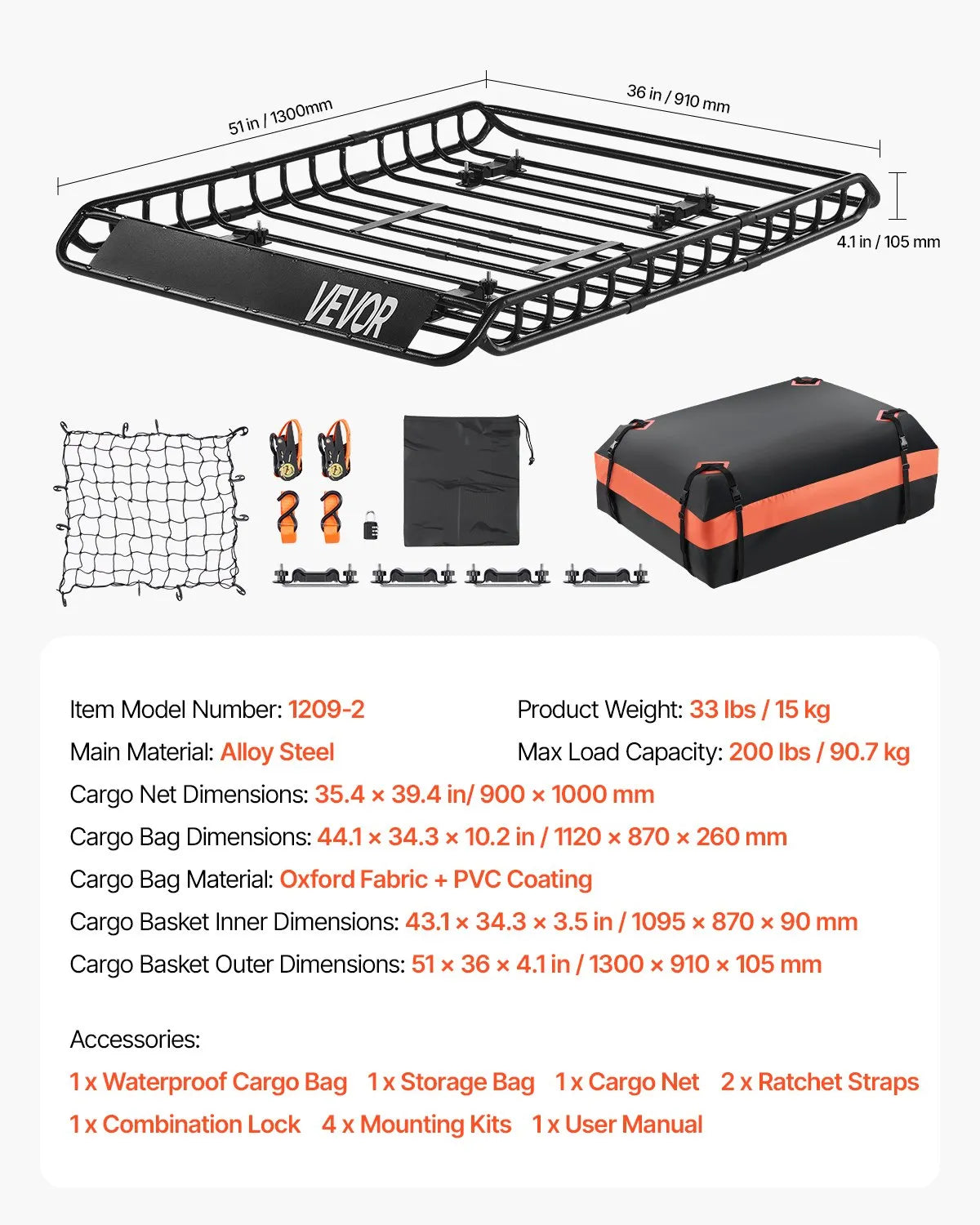 51" Roof Top Cargo Carrier, Storage Bag, Cargo Net