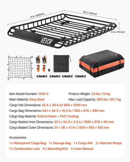 51" Roof Top Cargo Carrier, Storage Bag, Cargo Net