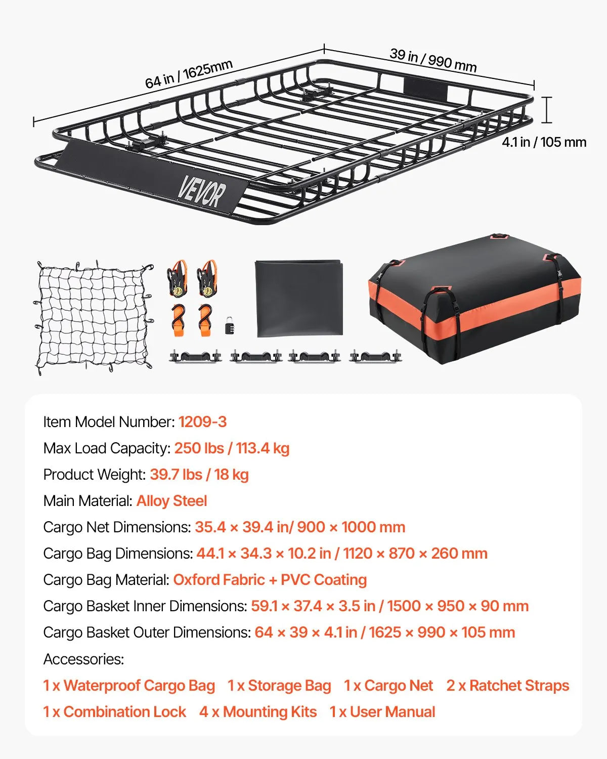 64" Roof Top Cargo Carrier, Storage Bag, Cargo Net