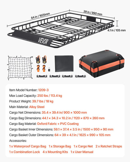 64" Roof Top Cargo Carrier, Storage Bag, Cargo Net
