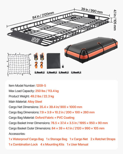 84" Roof Top Cargo Carrier, Storage Bag, Cargo Net